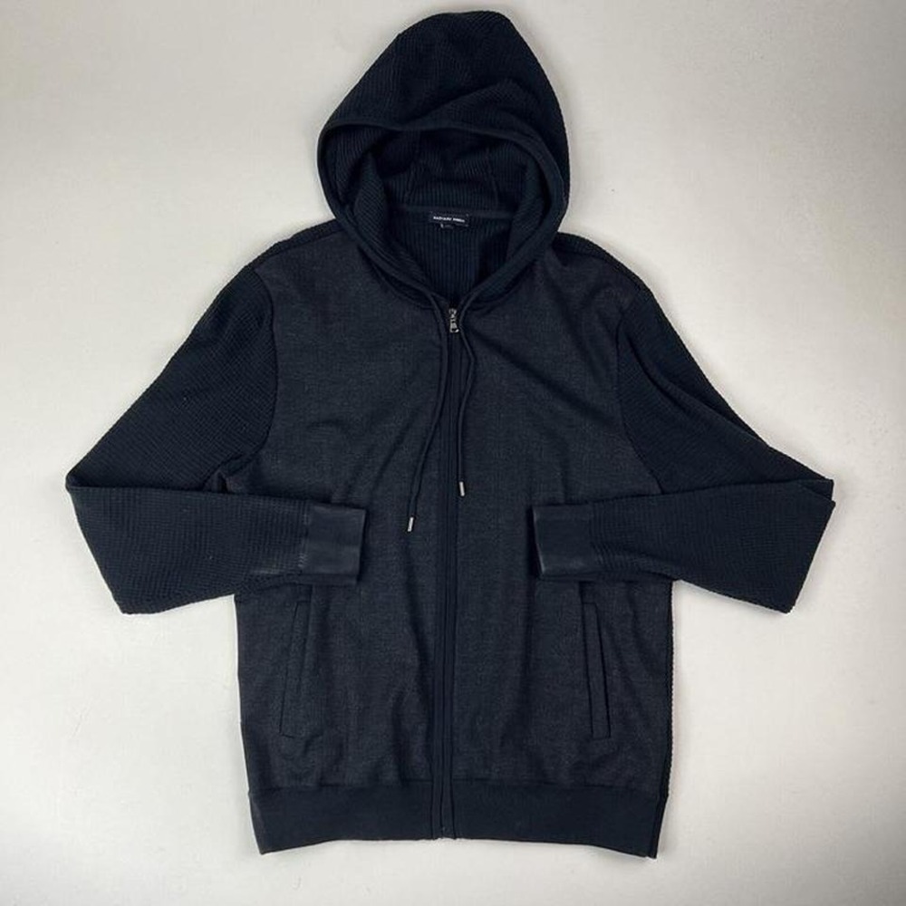 Zachary Prell Navy Blue Full Zip Hooded Cotton Cashmere Sweatshirt Mens Size L
